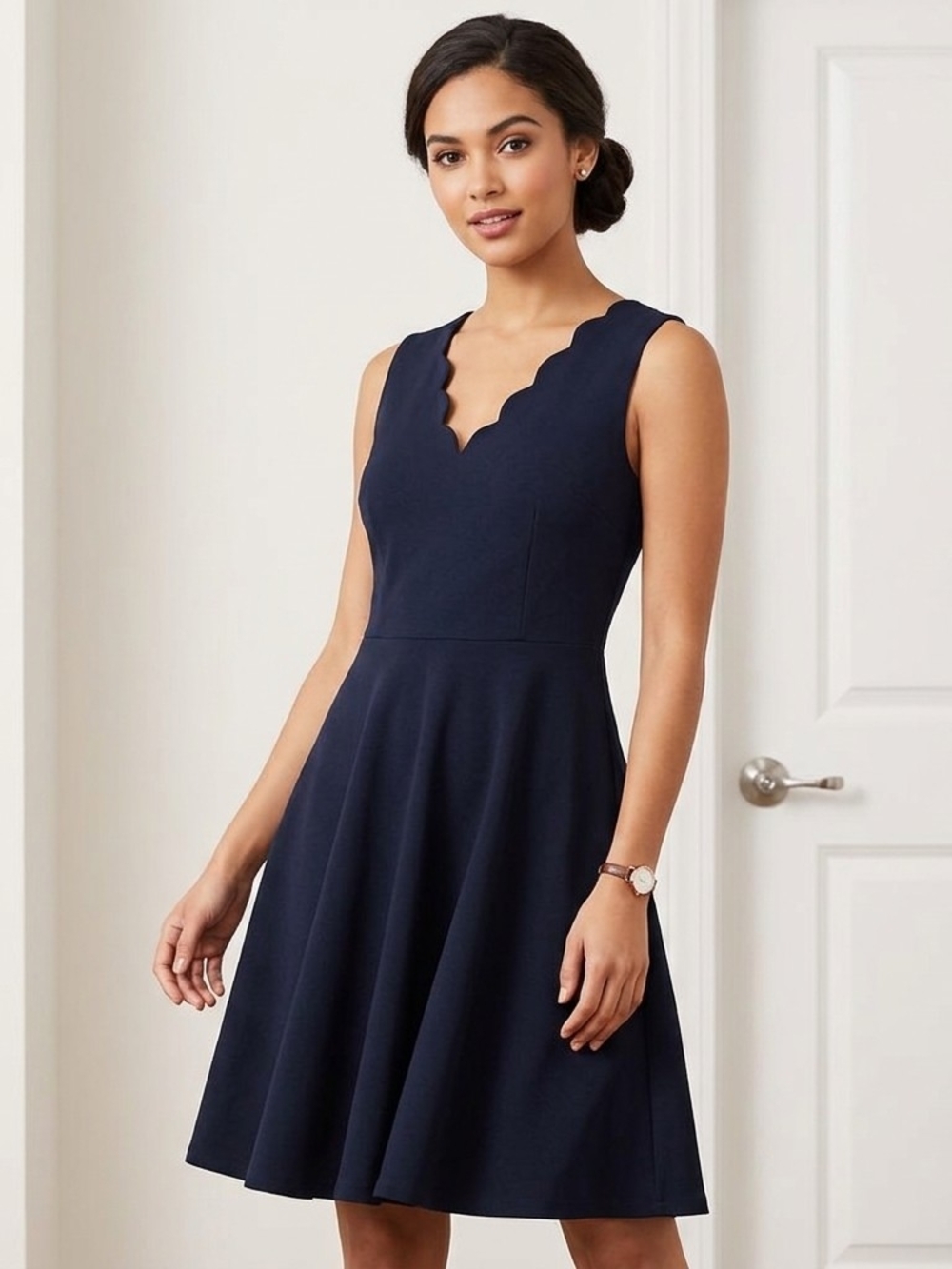 Altar'd State Navy Scalloped V-Neck Fit & Flare Dress